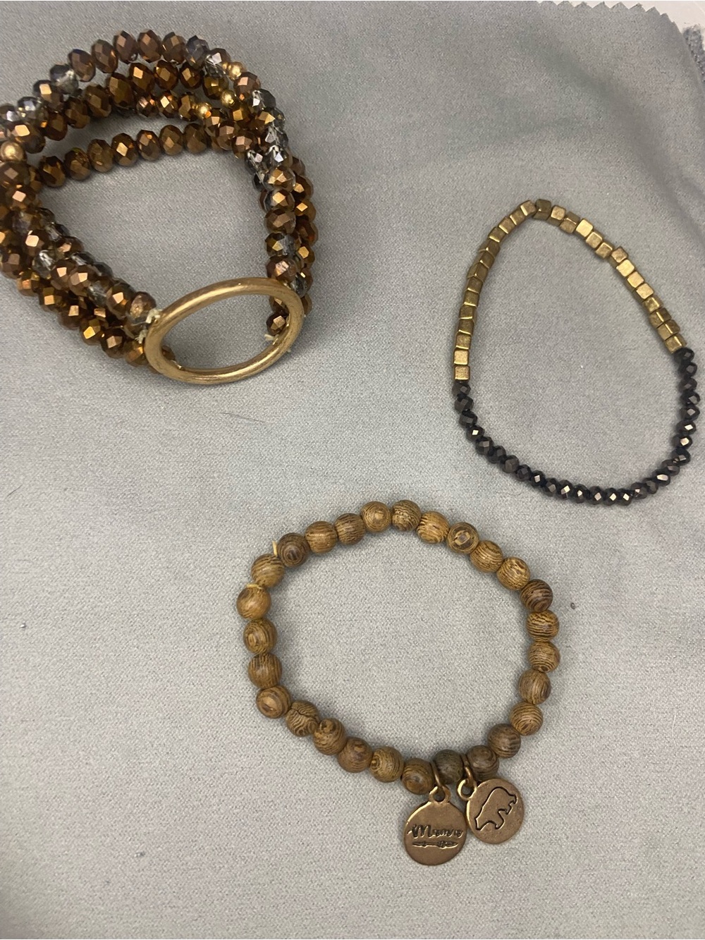 Lot of Three Stretch Bracelets in Brown Beaded Tones & Wooden Mama Bear Bracelet